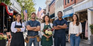 Small Business Built America — and Still Does Alt text: Diverse small business owners standing proudly on a patriotic Main Street, representing entrepreneurs who help build America’s local economy.
