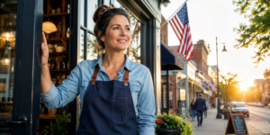 The Entrepreneurial Spirit Is the American Spirit Alt text: Small business owner opening her storefront at sunrise with an American flag in the background, symbolizing entrepreneurship and independence.