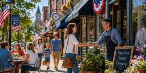 Local Business Is Local Patriotism Alt text: Customer shaking hands with a local shop owner on a festive downtown street, showing community support for small businesses.