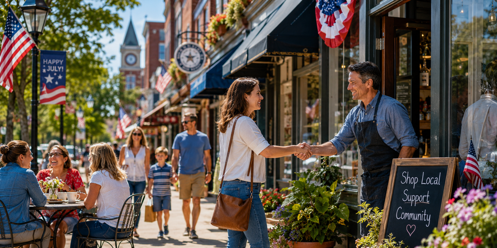 Local Business Is Local Patriotism Alt text: Customer shaking hands with a local shop owner on a festive downtown street, showing community support for small businesses.