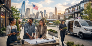 Building the Next 250 Years Starts With Small Business Alt text: Entrepreneurs reviewing business plans in a modern city setting with an American flag, representing small business growth and America’s future.