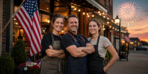 A July 4th Message to Business Owners: Keep Building Alt text: Small business owners standing proudly outside their shop with American flags and fireworks, celebrating July 4th and entrepreneurial resilience.