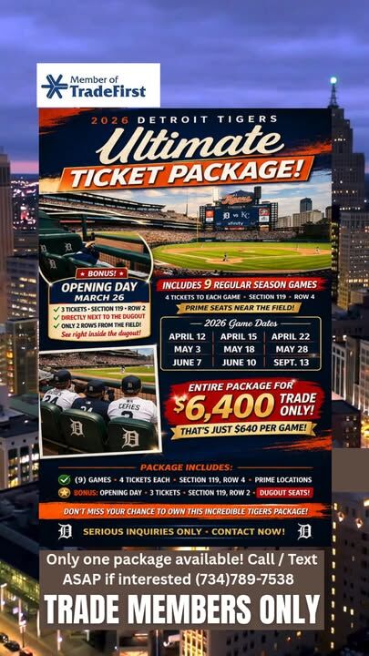 Experience the amazing Tradefirst Special, featuring exclusive Tigers Dugout Seats along with a fantastic Opening Day Bundle! Don’t miss out on this incredible opportunity to kick off the baseball season in style! #Tigers #OpeningDay #Baseball #TradefirstSpecial #BaseballSeason