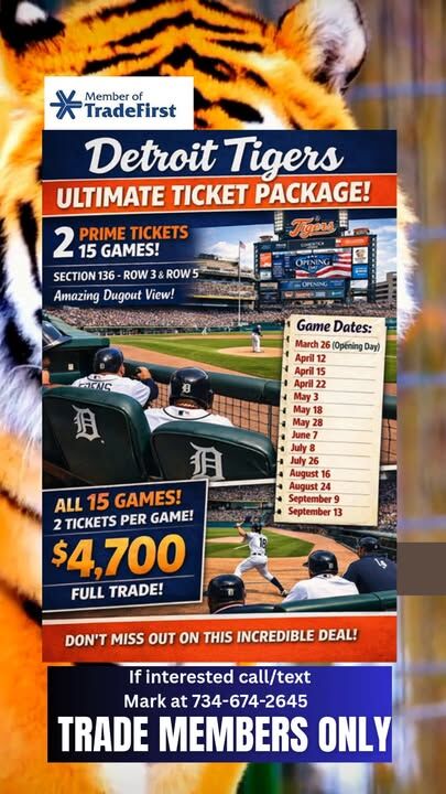 Tradefirst ~ Detroit Tigers Ticket Bundles ~ Spots Adjacent to Dugout. Premium Tickets – They’ll sell quickly!  Great for personal use, promotional giveaways, employee rewards, or customer appreciation.  For inquiries, call or text Mark at 734-674-2645 #DetroitTigers #TicketPackages #DugoutSeats #SportsTickets