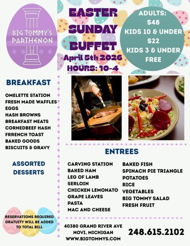 Come celebrate Easter with a scrumptious buffet at Big Tommy’s Parthenon! We have a wide array of dishes that are sure to satisfy every taste bud. It’s the perfect opportunity to relax and enjoy precious moments with family and friends, without the stress of cooking. We invite you to join us at Big Tommy's Parthenon, located at 40380 Grand River in Novi. If you’d like to make a reservation, please give us a call at (248) 615-2102. #EasterBuffet #FamilyGathering #BigTommysParthenon