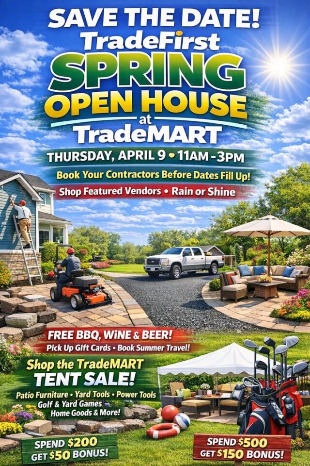 Today 😀TradeFirst Spring Open House
Thursday, April 9, 2026
11:00 am to 3:00 pm
23200 Coolidge Highway., Oak Park, MI 48237
Tent sale in the parking lot • Book Spring Contractors • TradeMART Blowout Sale