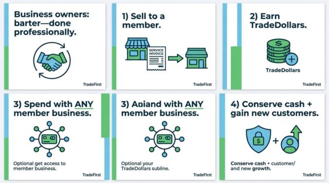 Business owners: this isn’t swapping—it’s an organized trade network built for growth.

Here’s how TradeDollars work in 4 simple steps:
1) Sell to a member
2) Earn TradeDollars
3) Spend with ANY member business
4) Conserve cash + gain new customers

Trade smarter. Grow stronger. Learn more at TradeFirst.com.

Call 248-544-1350 to get started.

#TradeFirst #TradeDollars #BusinessBarter #BarterExchange #B2B #SmallBusiness #MichiganBusiness #CashFlow #CustomerGrowth #LocalBusiness #Entrepreneurs #BusinessOwners