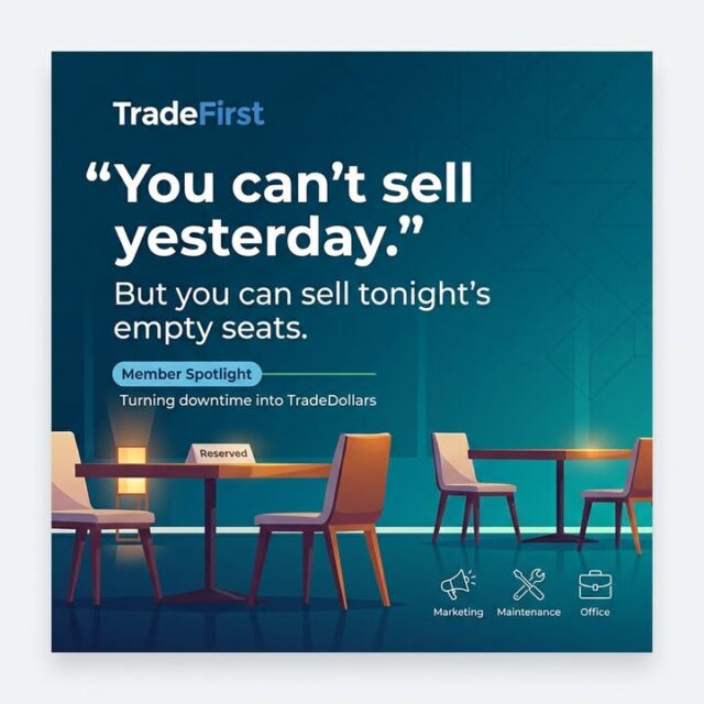 You can’t sell yesterday—but you CAN sell tonight’s empty seats.

TradeFirst helps Michigan businesses turn slow periods into TradeDollars you can use for marketing, maintenance, office services, and more.

Before:
• Empty seats during slow times

After:
• TradeDollars earned from member-to-member spending
• New repeat customers who discover you through the network

Want a simple plan to fill your slow times? Visit TradeFirst.com or call 248-544-1350.

#TradeFirst #MemberSpotlight #MichiganBusiness #SmallBusiness