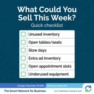 What could your business sell this week—without spending more cash?

If you’ve got any of these sitting open, you may be leaving revenue on the table:
☐ Unused inventory
☐ Open tables/seats
☐ Slow days
☐ Extra ad inventory
☐ Open appointment slots
☐ Underused equipment

You can’t sell yesterday—but you can sell what’s open today.

TradeFirst helps Michigan businesses turn excess capacity into new customers and TradeDollars (so you can buy what you need without using cash).

Want a quick fit-check? Call 248-544-1350 or visit TradeFirst.com.

#TradeFirst #MichiganBusiness #SmallBusinessMichigan #BusinessBarter #B2B #CashFlow #TradeDollars #LocalBusiness