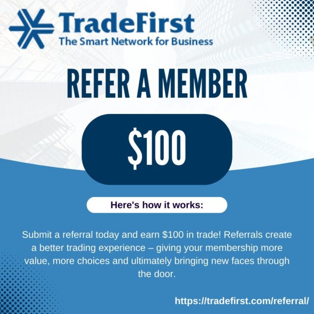 Do you know someone who could benefit from joining TradeFirst? Of course you do! Refer them today to earn $100 in trade for yourself. TradeFirst.com.
#trade #tradefirst #bartering #entrepreneurship #businessowners