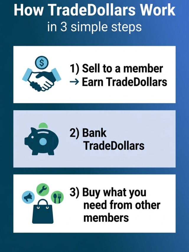 How TradeDollars work in 3 steps:

1) Sell to a TradeFirst member → earn TradeDollars
2) Bank your TradeDollars
3) Use TradeDollars to buy what your business needs from other members (marketing, printing, repairs, meals, and more)

It’s organized business trade—broker-assisted and community-first.

Want more customers without spending more cash? Visit TradeFirst.com.

#Barter B2B SmallBusiness MichiganBusiness CashFlow SaveCash GrowYourBusiness NewCustomers LocalBusiness BusinessNetworking Marketing Printing Repairs RestaurantMarketing ServiceBusiness